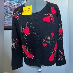 Michael Simon XL XXL heart Bugs Ant butterfly spider sweater cardigan valentines